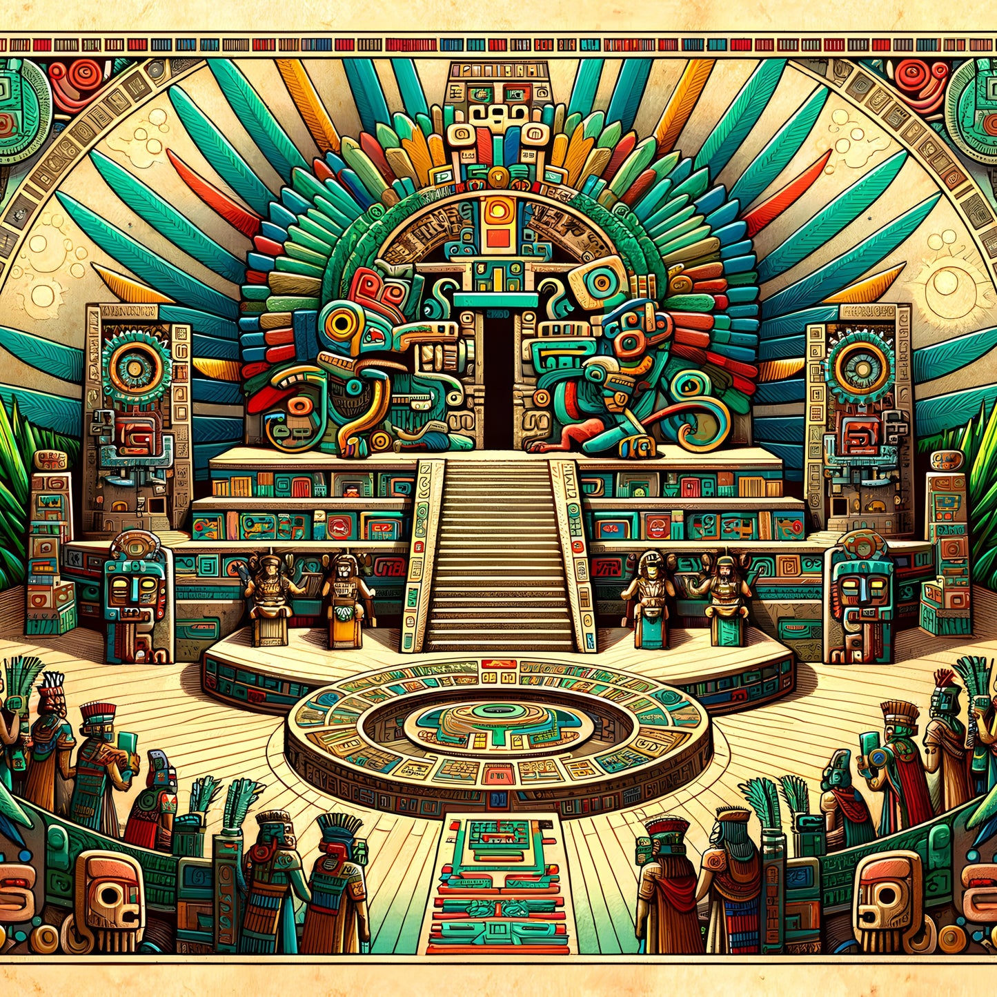 Detail close-up of quetzalcoatl mesoamerican mythology art print — council of gods temple scene