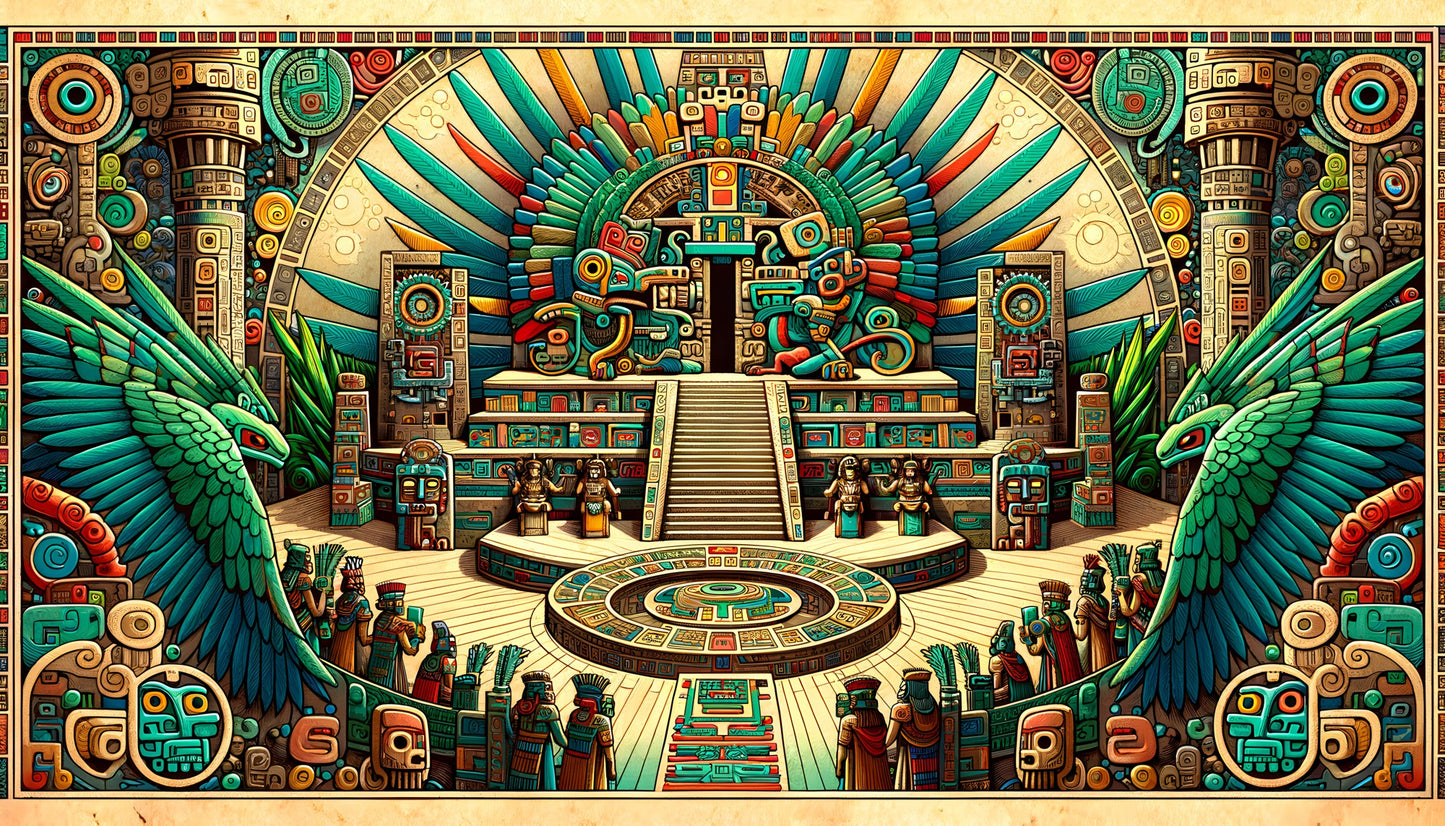 Quetzalcoatl Mesoamerican mythology art print — Council of Gods temple scene — full artwork view