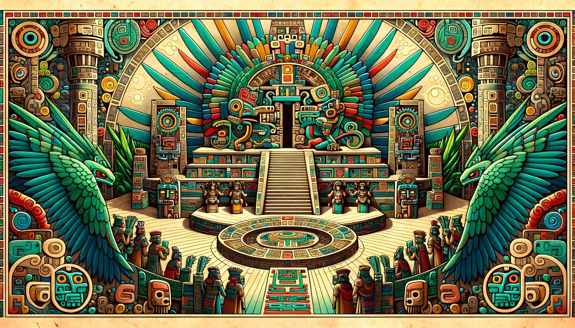 Quetzalcoatl Mesoamerican mythology art print — Council of Gods temple scene — full artwork view