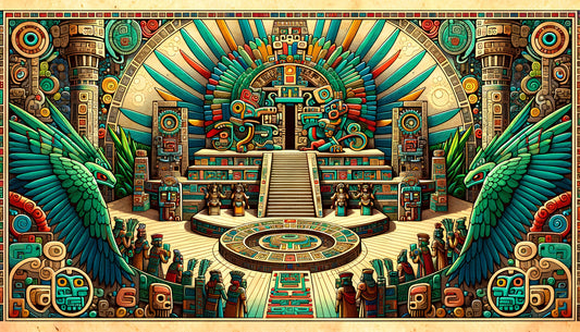 Quetzalcoatl Mesoamerican mythology art print — Council of Gods temple scene — full artwork view