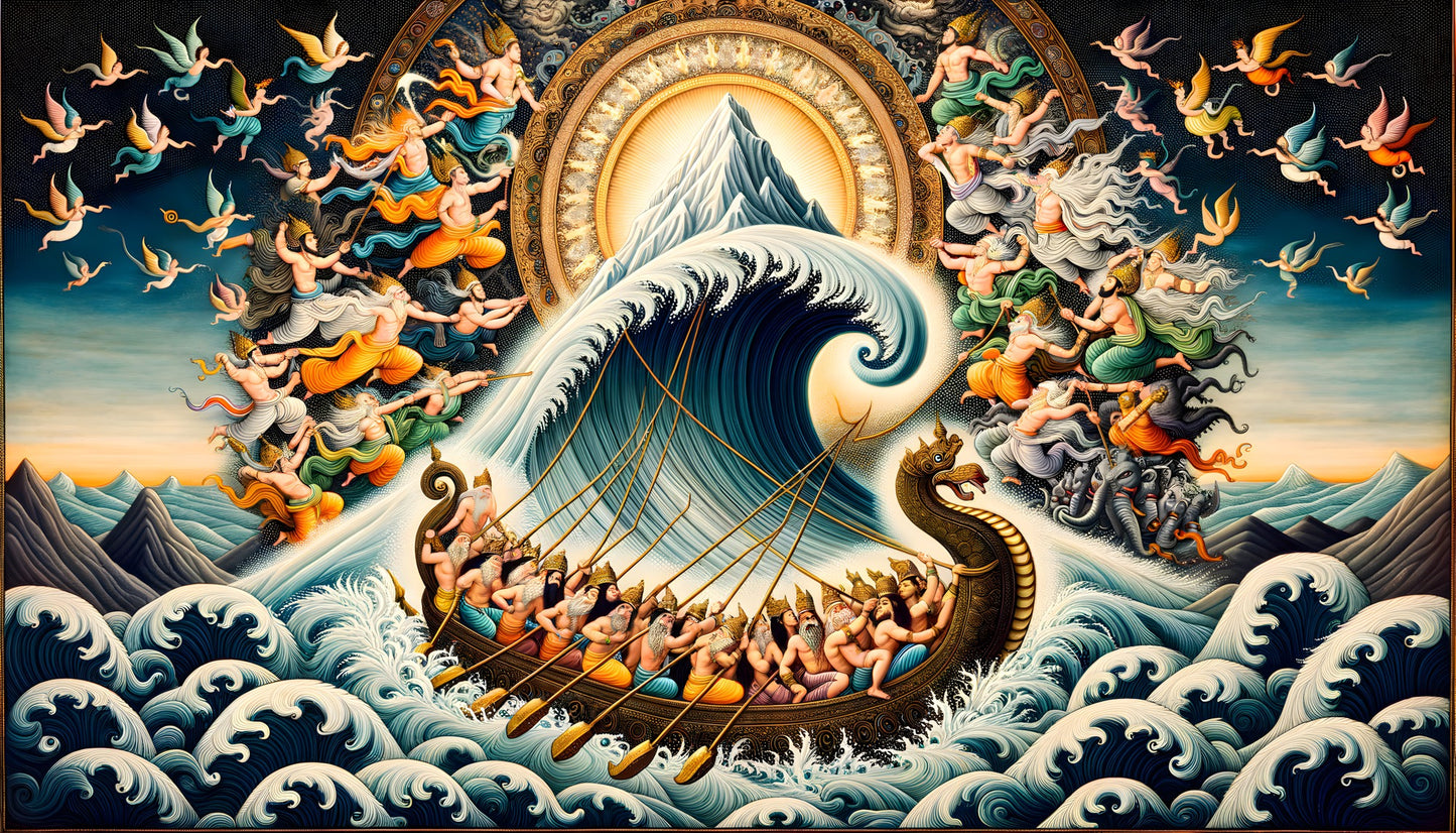 Samudra Manthan Hindu mythology fine art print — full artwork view showing the cosmic ocean churning scene