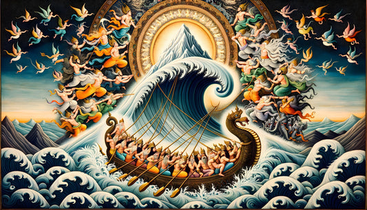 Samudra Manthan Hindu mythology fine art print — full artwork view showing the cosmic ocean churning scene